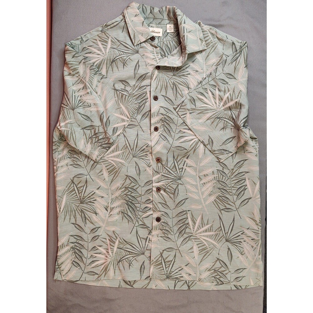 Men's Caribbean Silk Blend Hawaiian Button Front Shirt Medium Green - Picture 2 of 7